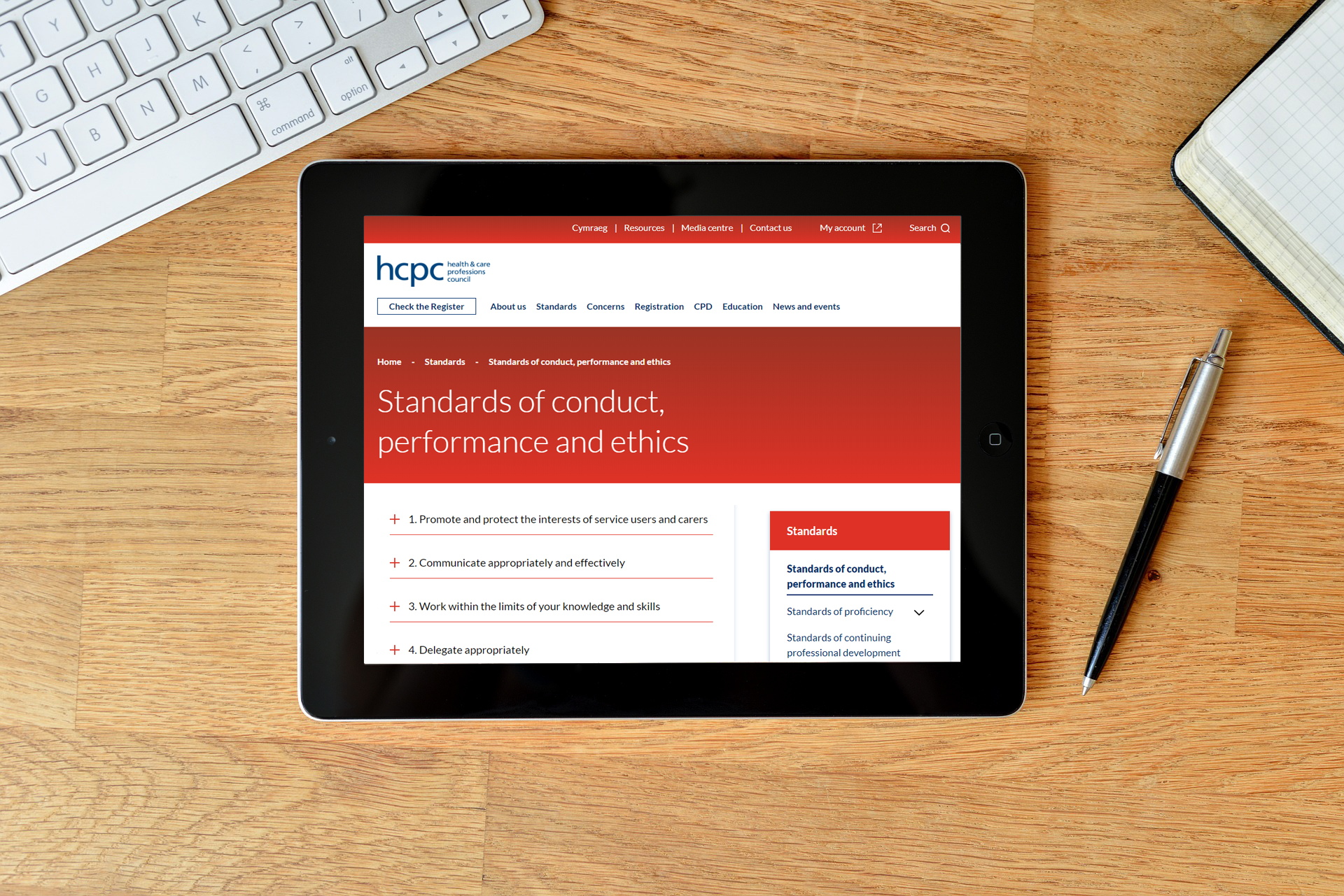 Tablet screen showing Standards of conduct, performance and ethics